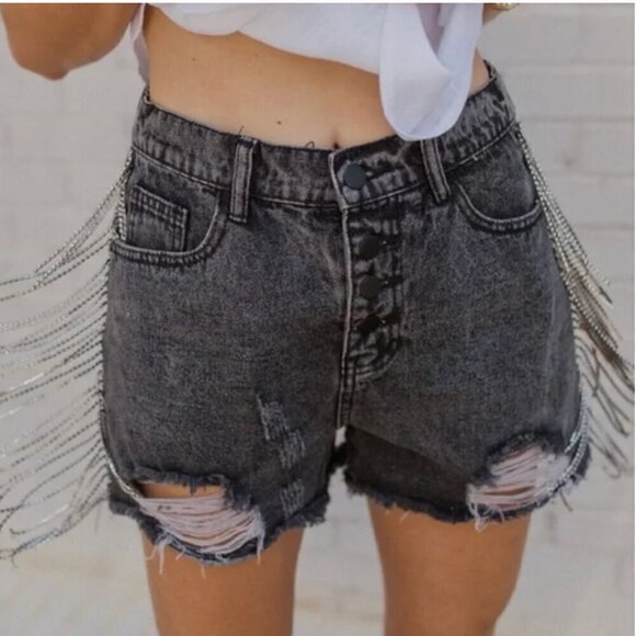 Savanna Jane Fringe Denim Shorts - Picture 1 of 9
